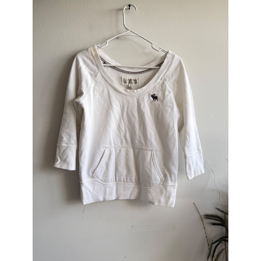 Vintage Abercrombie & Fitch Womens White y2k 3/4 Sleeve Moose Sweatshirt L